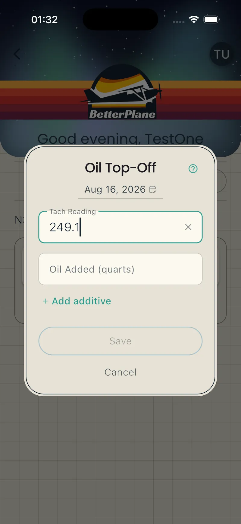 Standalone Oil Top-Off dialog with tach reading, quarts, and additive