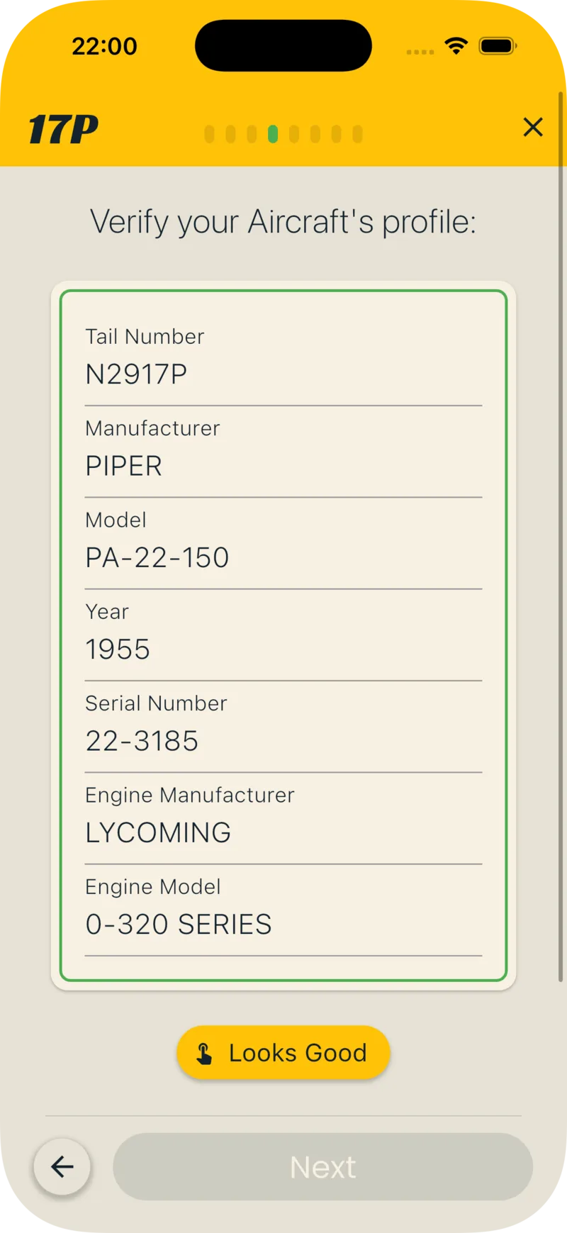 Verify screen showing the aircraft profile fields and the Looks Good button
